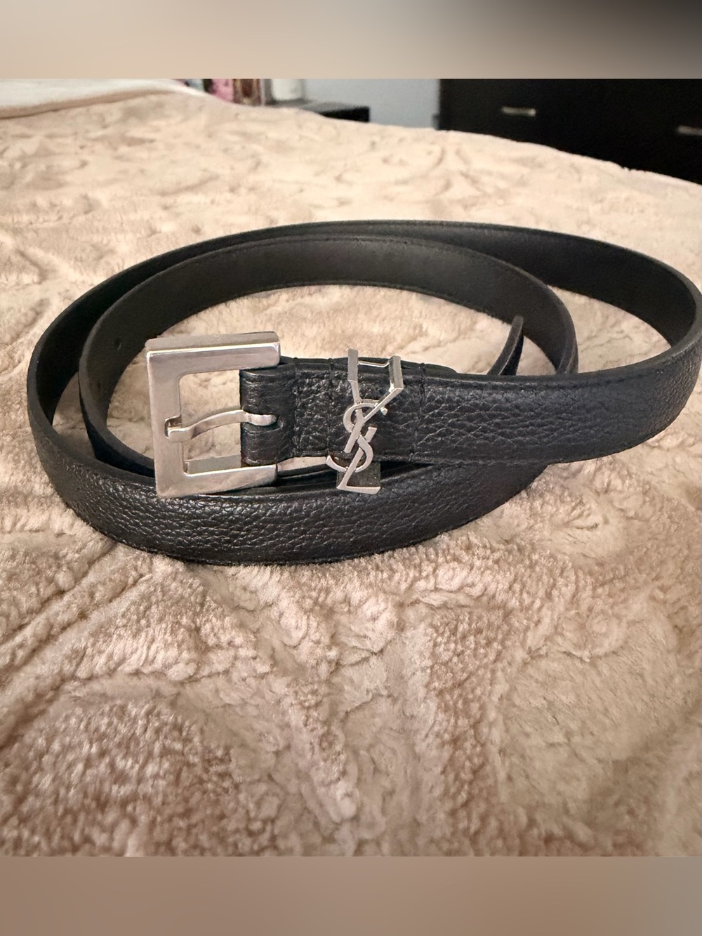 Saint Laurent Black Leather Belt with Silver YSL Accent